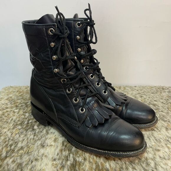 Justin Black Leather Kiltie Boots Women's Size 5 1/2 - Picture 1 of 10